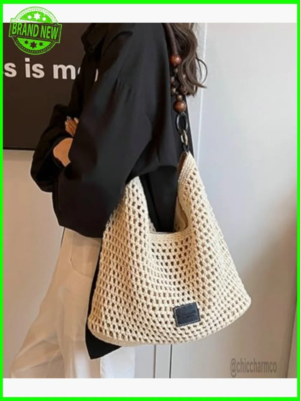 Crochet Cotton Hobo Shoulder Bag, Woven Mesh Beach Purse with Bead Accent